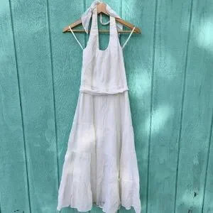 White House Black Market | Dresses | Whbm Cotton Silk Tiered Belted Halter  Dress Sz 6 White Flowy Romantic Beach Chic | Poshmark